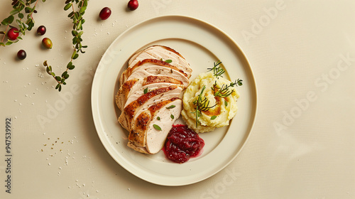 Elegant Thanksgiving Dinner Setting with Roasted Turkey and neutral Backdrop, Clean and Minimalist Tablescape