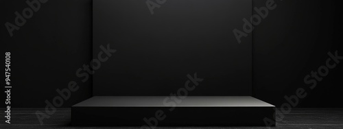 Contemporary black form on a dark backdrop Vacant platform for product presentation Box pedestal 3D rendered image