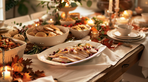 Elegant Thanksgiving Dinner Setting with Natural Elements and Cozy Lighting, Autumn.
