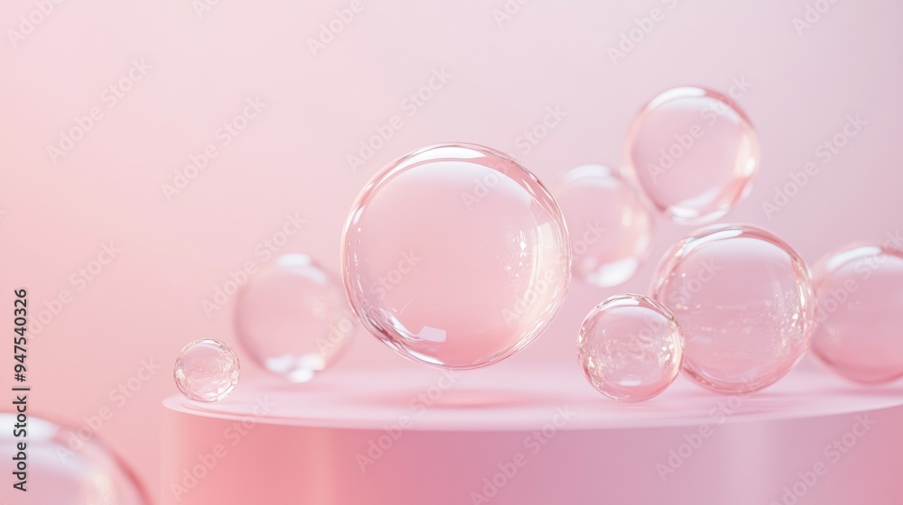 Cosmetics display stand with a spherical design on a pink backdrop 3D rendering of cosmetic bubbles in a defocused setting Cosmetics display stand with a spherical design on a pink backdrop 3D rendering of cosmetic bubbles in a defocused setting