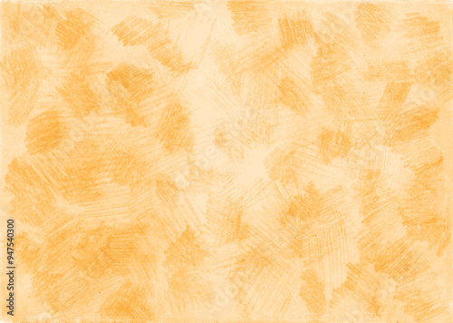 Background filled with texture drawn with colored pencils. Different shades of yellow, orange, ocher, peach colors. Chaotical strokes. Crayon texture. Soft pastel colors. photo