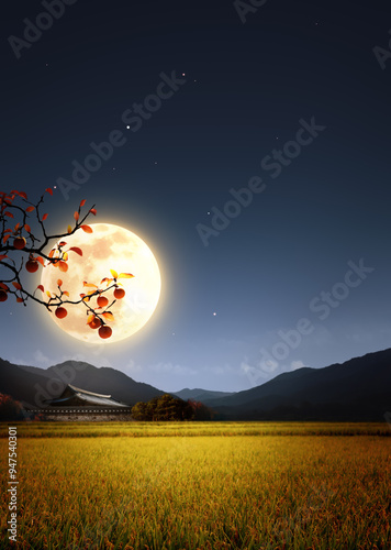 Korean traditional holiday Chuseok thank you banner and Chuseok greeting card background with abundant autumn full moon, tiled house and rice ears
