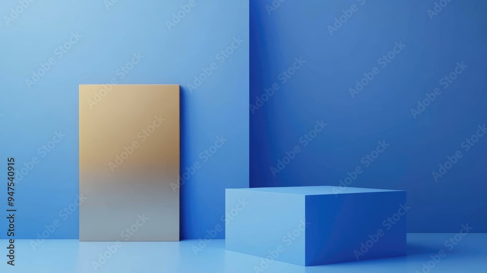 © AImmersive Imagery - Empty blue cube podium alongside a gold square on a blue backdrop Abstract minimalistic 3D geometric shapes for product design presentation 3D rendering