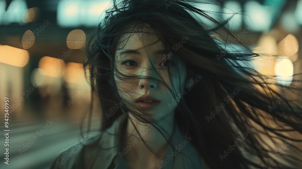 A dynamic shot of an Asian model in motion, her long hair flowing behind her as she walks confidently, captured in an urban setting with soft lighting. 8k UHD, suitable for high-quality printing A dynamic shot of an Asian model in motion, her long hair flowing behind her as she walks confidently, captured in an urban setting with soft lighting. 8k UHD, suitable for high-quality printing