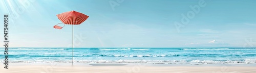 A playful 3D summer scene with a kite flying high in a clear blue sky  colorful beach umbrellas  and gentle waves  leaving ample copy space in the sky and sand areas.