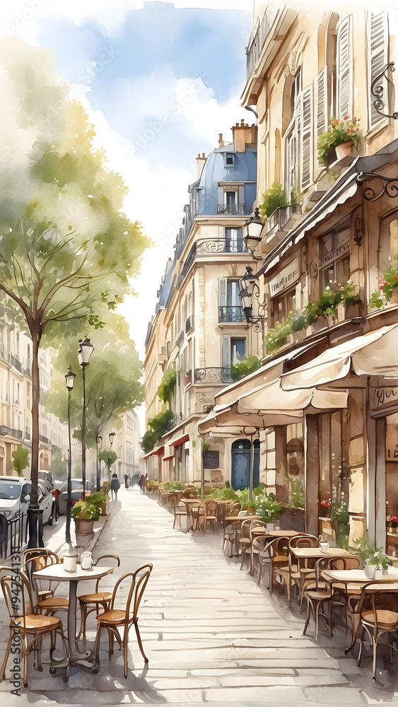 Obraz premium Charming Paris Street View with Cafés, Cobblestone, and Afternoon Sunlight