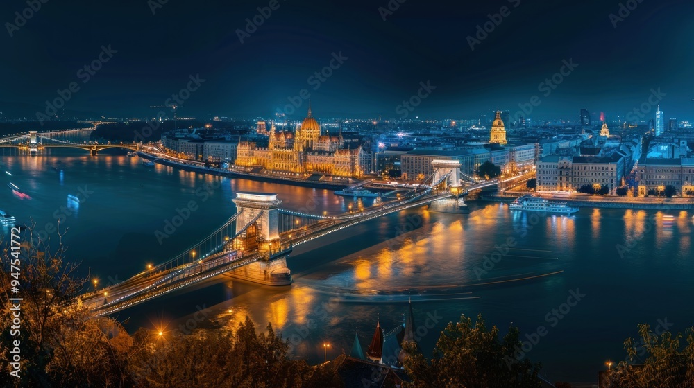 Budapest's Chain Bridge and the Hungarian Parliament Building Illuminated at Night Budapest's Chain Bridge and the Hungarian Parliament Building Illuminated at Night
