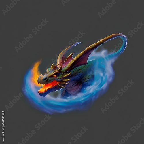 Fantasy Art of a Fierce Dragon in Flight: Mystical Beast with Powerful Fire Magic photo