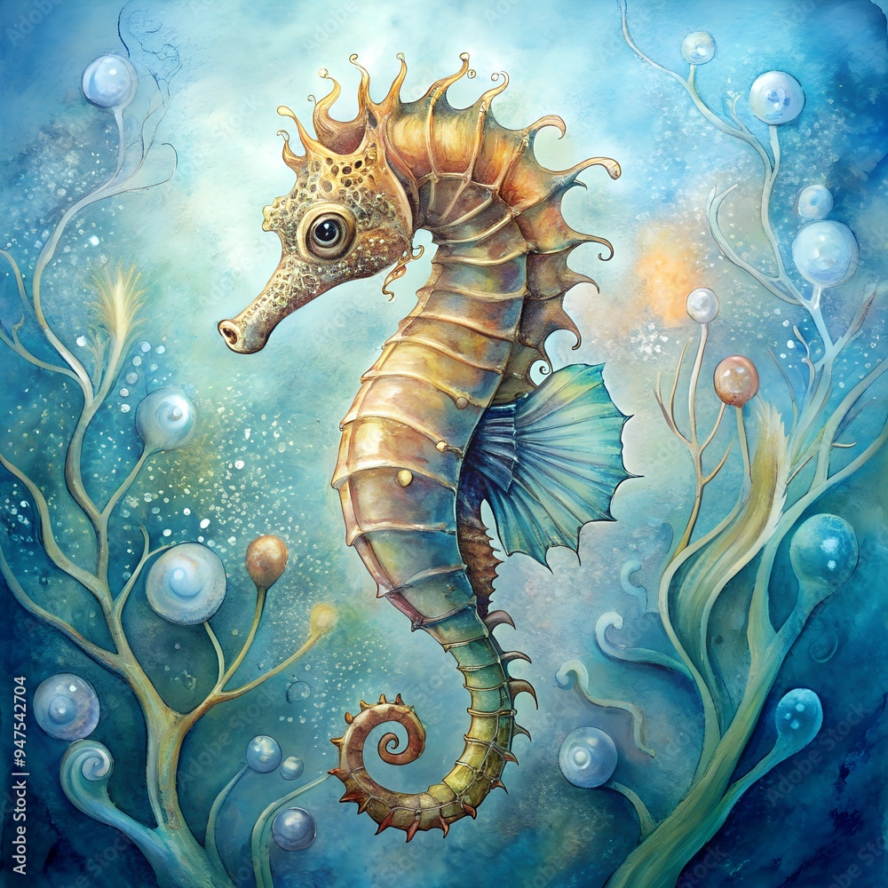 Detailed Seahorse in an Underwater Scene, Vibrant Marine Life and Bubbles Detailed Seahorse in an Underwater Scene, Vibrant Marine Life and Bubbles