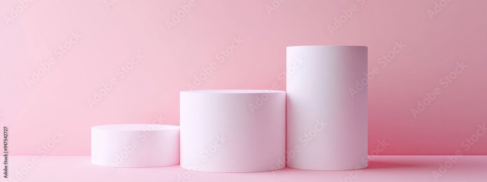 White and pink cylindrical podium on a pink background designed for showcasing products in a presentation or display scene 3D render White and pink cylindrical podium on a pink background designed for showcasing products in a presentation or display scene 3D render