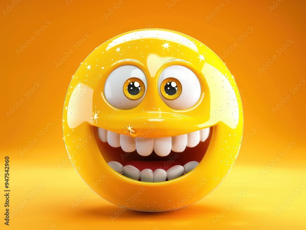 Yellow emoji with big smile and sparkling eyes, joyful and radiant, 3D vector. Yellow emoji with big smile and sparkling eyes, joyful and radiant, 3D vector.