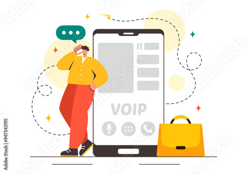 VOIP or Voice Over Internet Protocol Vector Illustration with Telephony Scheme Technology and Network Phone Call Software in Flat Background