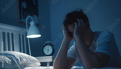 Wallpaper Mural Man suffering from headache and turning off alarm clock in bed at night Torontodigital.ca