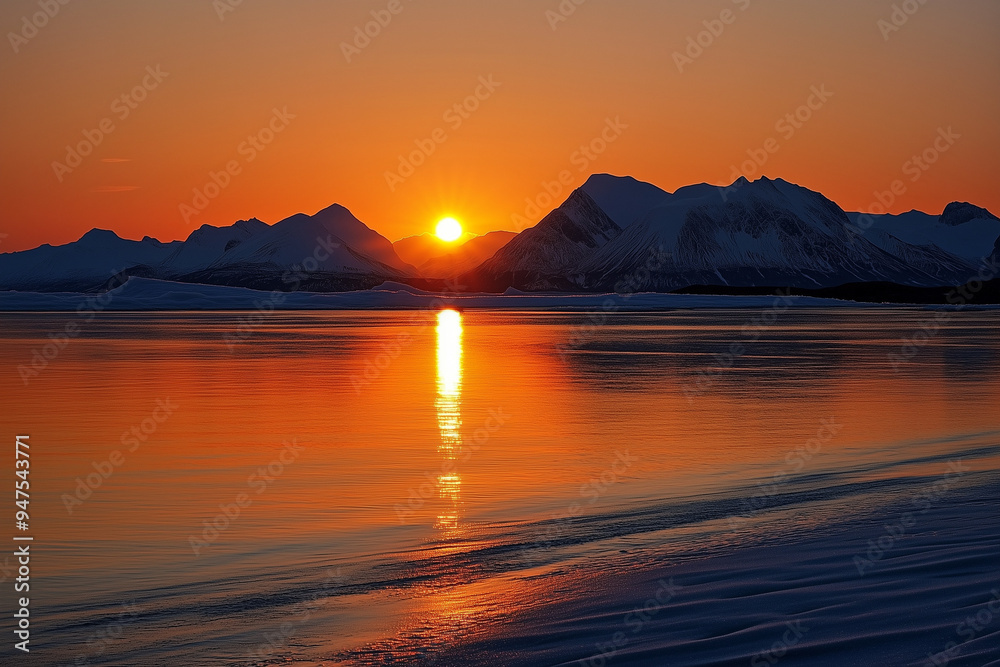 Fototapeta premium Midnight Sun Skirts the Horizon in the Far North: A Spectacular Sight