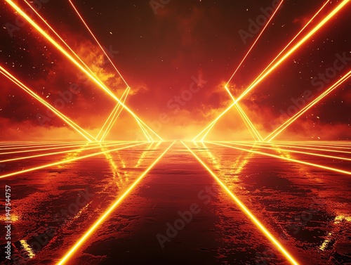 Complex lattice of laser beams, intersecting over a dark stage, deep red and green colors, futuristic sci-fi theme