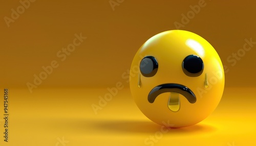 Yellow emoji with a single tear, sad and emotional, 3D stylized, glossy finish.