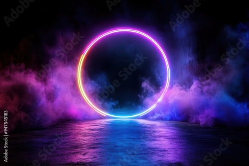 A glowing neon circle surrounded by vibrant mist, creating a captivating and mystical atmosphere in a dark setting.