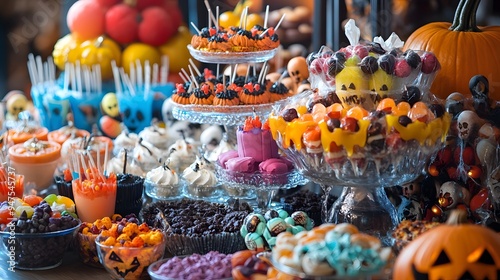 A colorful selection of Halloween treats in playful arrangements with spooky decorations adding to the festive charm