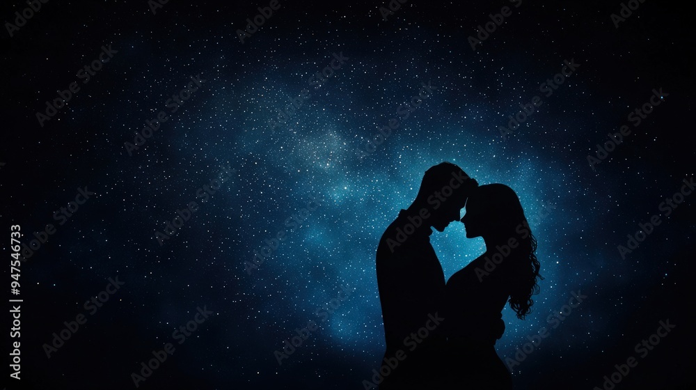 A silhouette of a couple embracing under a starry night sky A silhouette of a couple embracing under a starry night sky