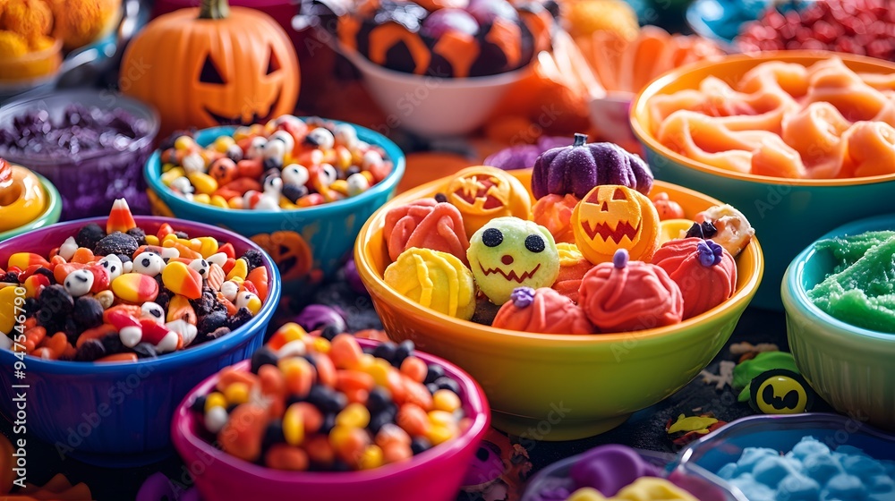 A close-up view of Halloween treats in vibrant bowls surrounded by spooky decorations creating a festive display