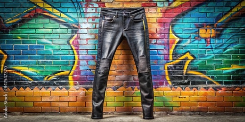 Retro-styled stretch jeans flaunt distressed boldness with faux leather accents, echoing the playful, laid-back vibe of 90s street art on a brick wall's colorful graffiti canvas.