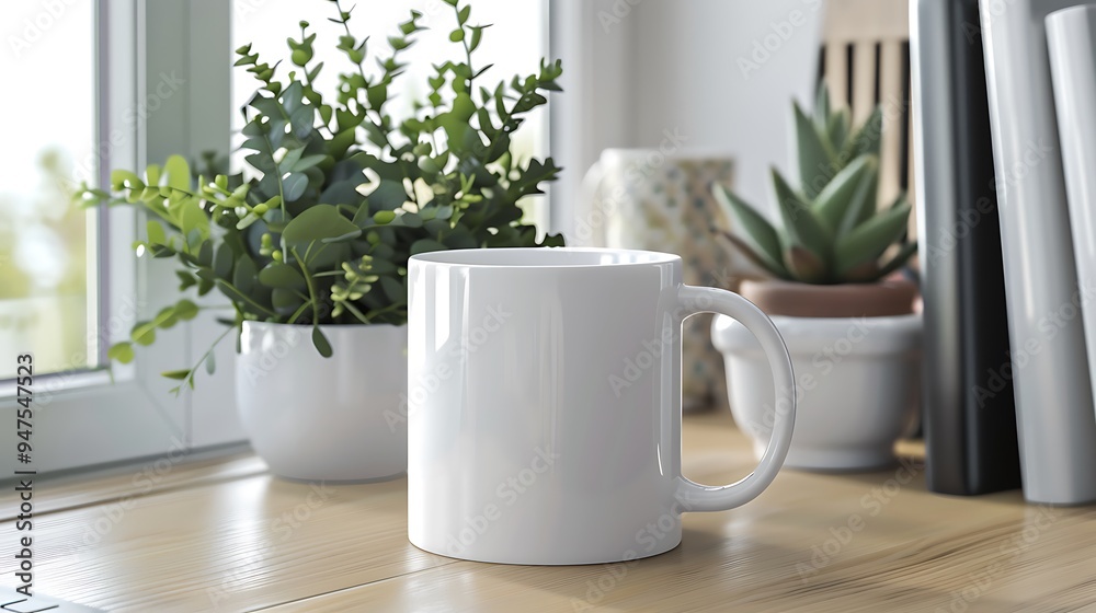 White Mug on a Wooden Table with Sunlight White Mug on a Wooden Table with Sunlight