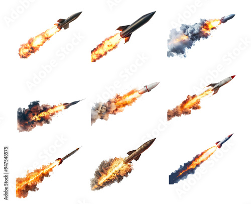 Collection of Missile with fire trail on transparent background