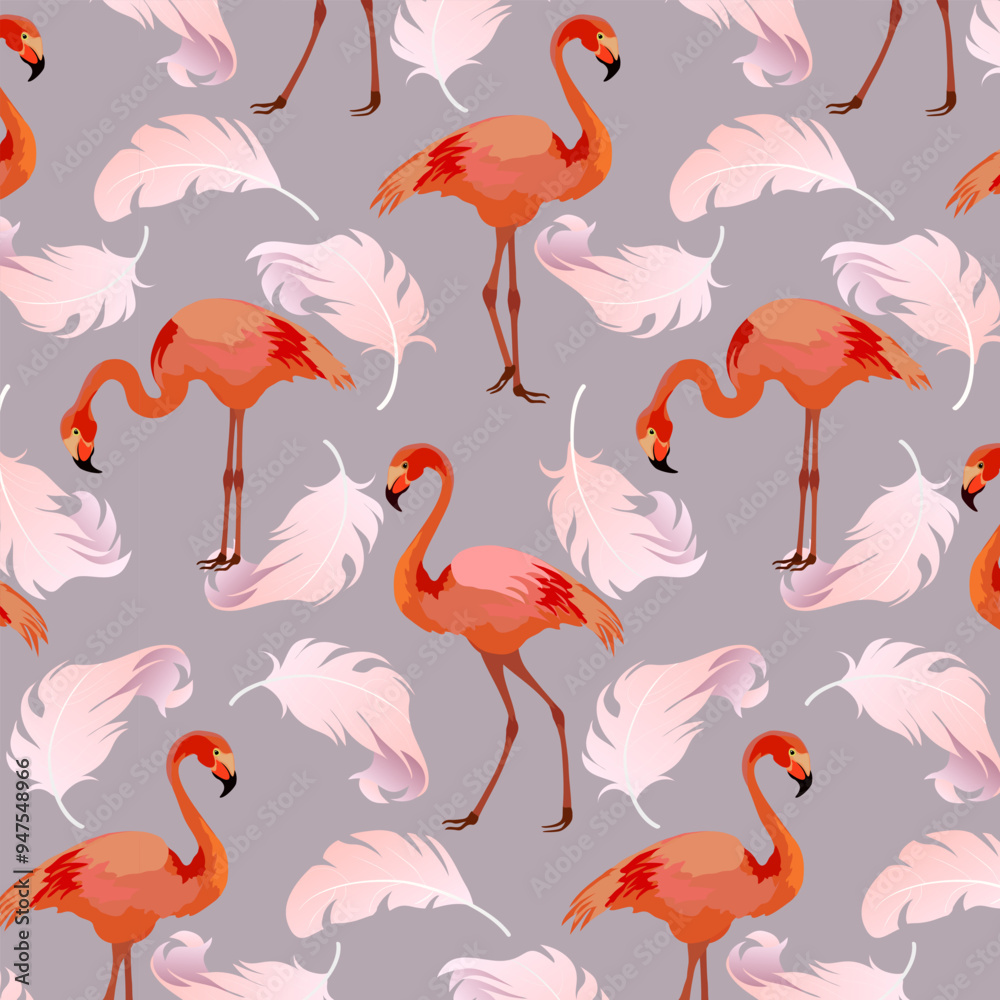 Obraz premium Flamingo and pink feathers.Vector seamless pattern with pink feathers and flamingos on a colored background.