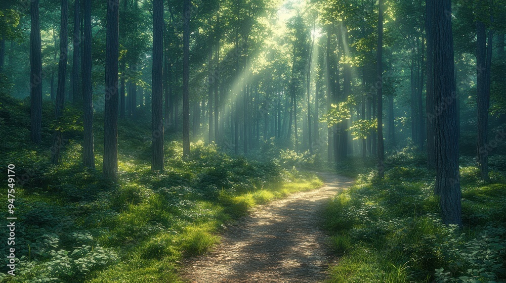 Obraz premium Sunbeams in a Tranquil Forest