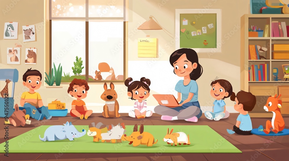 Professional Nursery Teacher with Cute Little Children Learning Together Professional Nursery Teacher with Cute Little Children Learning Together