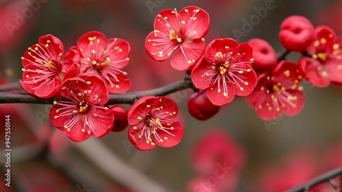 Tranquil Zen Garden with Blooming Oriental Plum Prunus salicina Tree photo