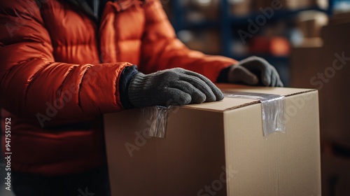 Professional Post Office Worker Packing Box Indoors with Adhesive Tape photo