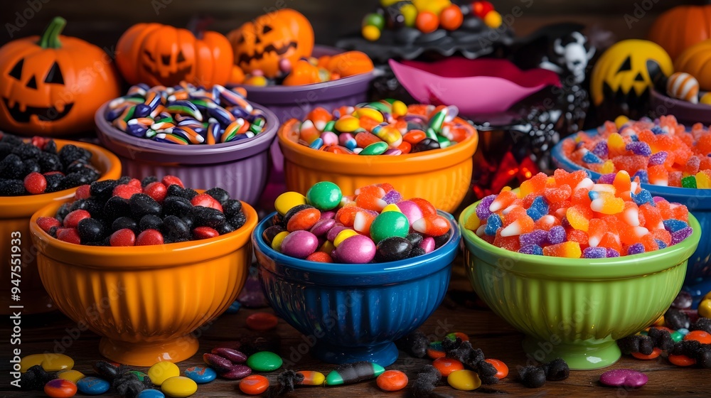 Fototapeta premium A variety of Halloween candies arranged in colorful bowls with spooky decorations enhancing the playful display