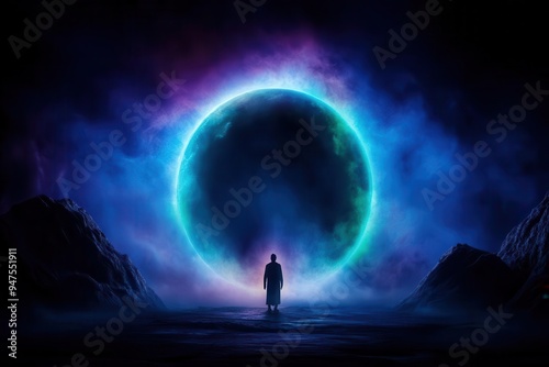 A mysterious figure stands before a glowing portal, surrounded by colorful cosmic clouds, evoking a sense of wonder and exploration.