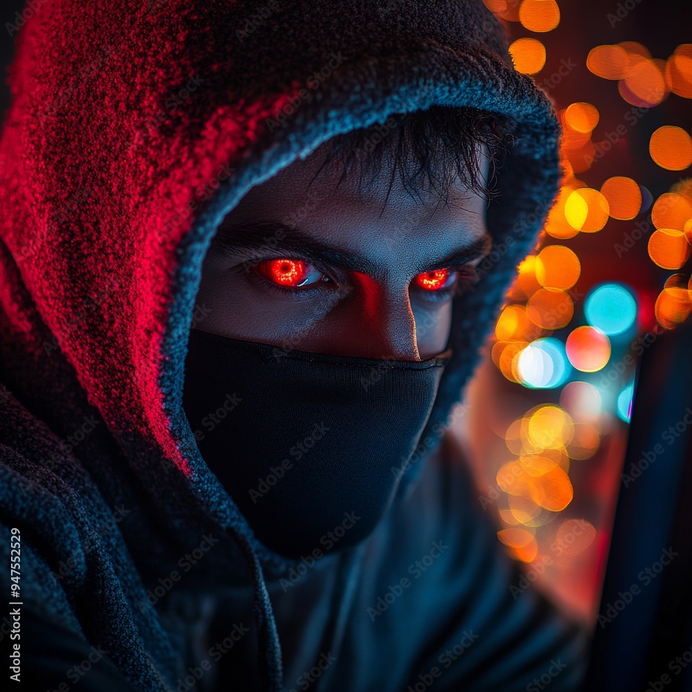 Masked Hacker with Glowing Eyes Typing in a High-Tech Environment Masked Hacker with Glowing Eyes Typing in a High-Tech Environment