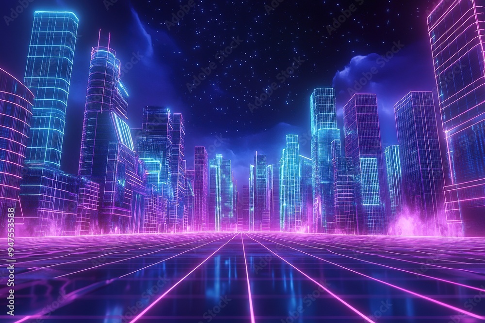 Neon cityscape in cyberpunk style with glowing lines Neon cityscape in cyberpunk style with glowing lines
