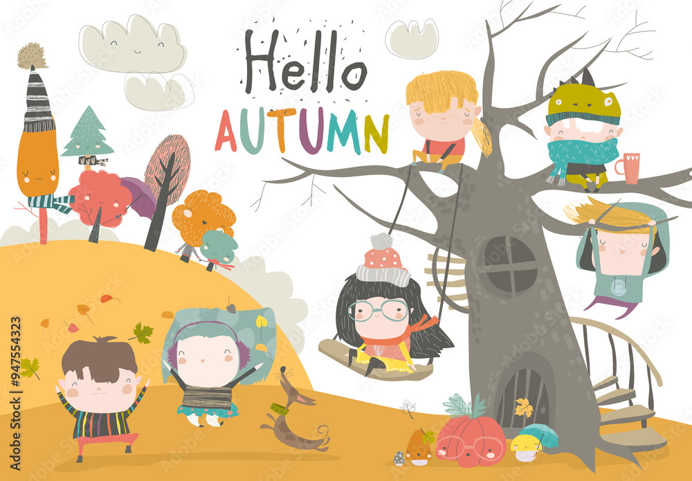 Fototapeta premium Happy children playing in autumn park. Hello autumn