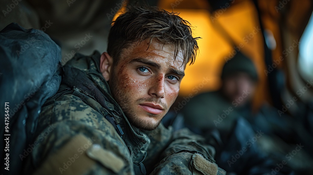 Worn soldier with intense gaze in a field camp Worn soldier with intense gaze in a field camp