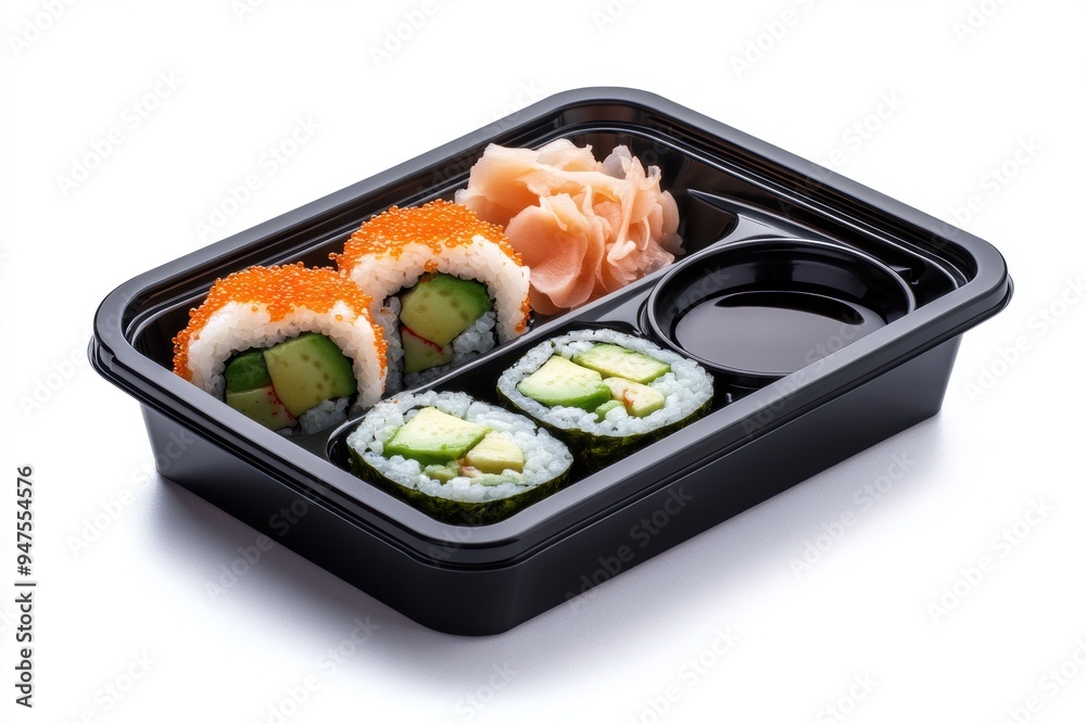 a bento box featuring sushi rolls, avocado slices, and soy sauce. a bento box featuring sushi rolls, avocado slices, and soy sauce.