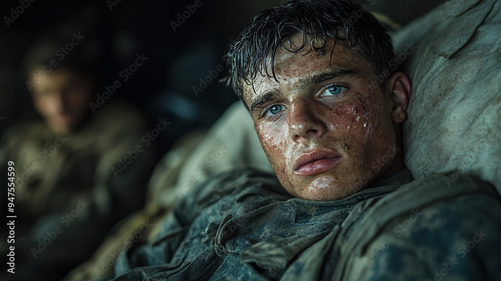 Worn soldier with intense gaze in a field camp Worn soldier with intense gaze in a field camp