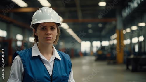 Young Woman Engineer in a Hard Hat and Vest in Front of Blurred Industrial Machines – Industrial Safety and Technology photo