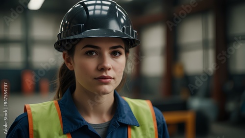 Young Woman Engineer in a Hard Hat and Vest in Front of Blurred Industrial Machines – Industrial Safety and Technology photo