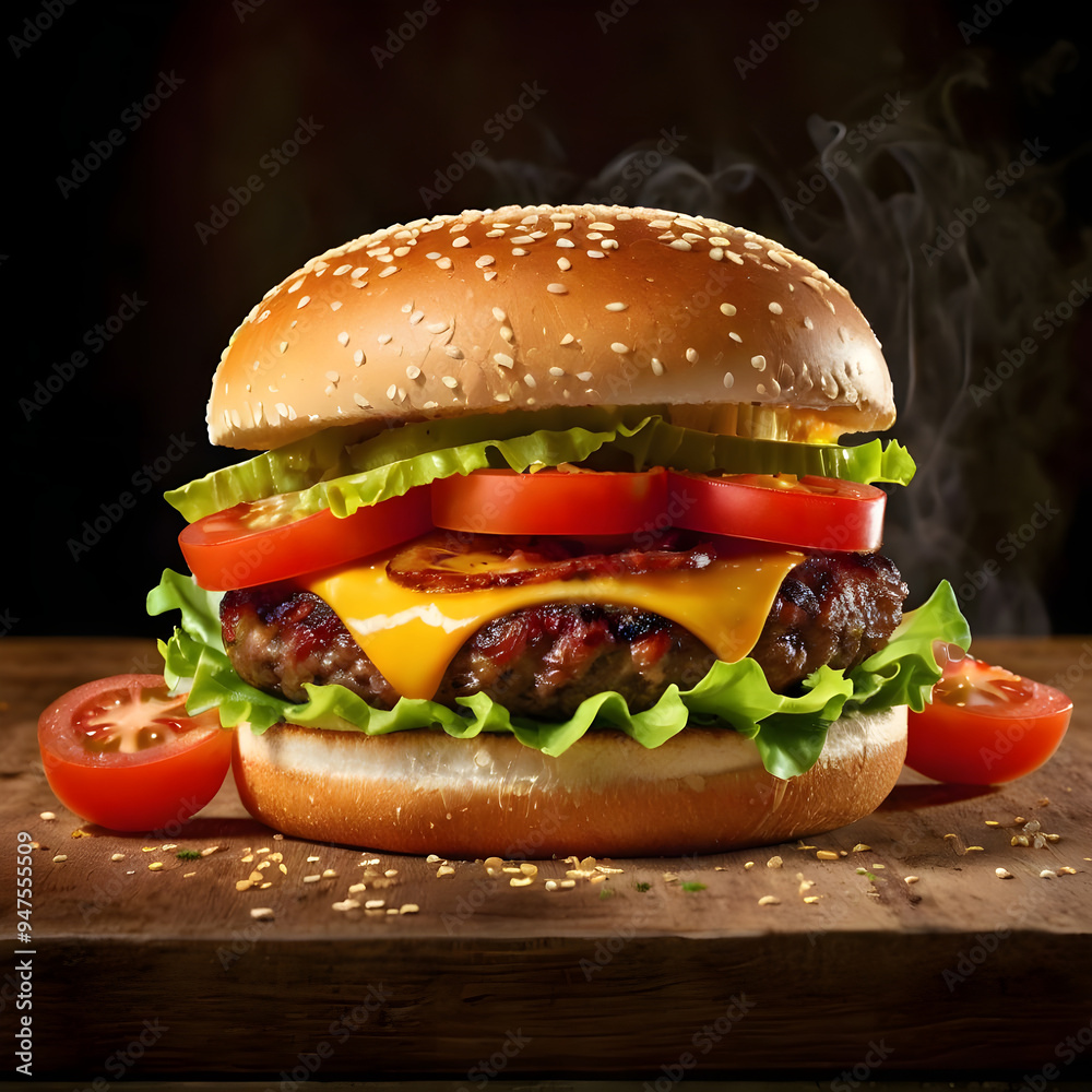 A sizzling hamburger stacked high with fire blazing in the background. A sizzling hamburger stacked high with fire blazing in the background.