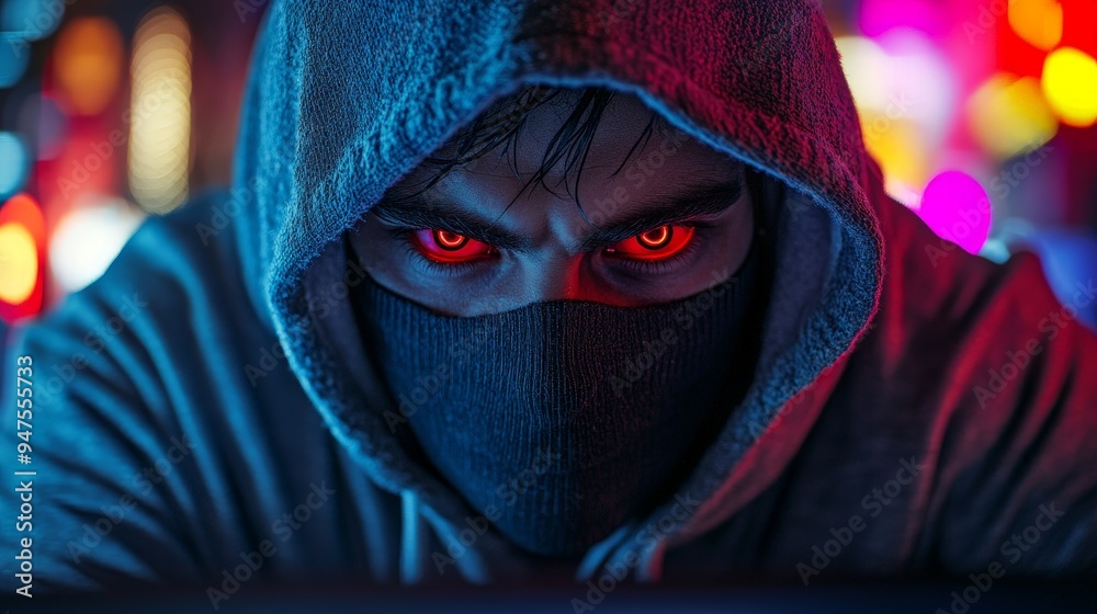 Masked Hacker with Glowing Eyes Typing in a High-Tech Environment Masked Hacker with Glowing Eyes Typing in a High-Tech Environment