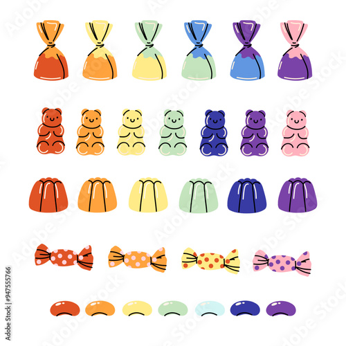 Sweets and candy. Chocolate bars, caramel, toffee, different lollipop on sticks, marmalade bears. Confectionery shop elements. Christmas and birthday kids present cartoon flat isolated illustration