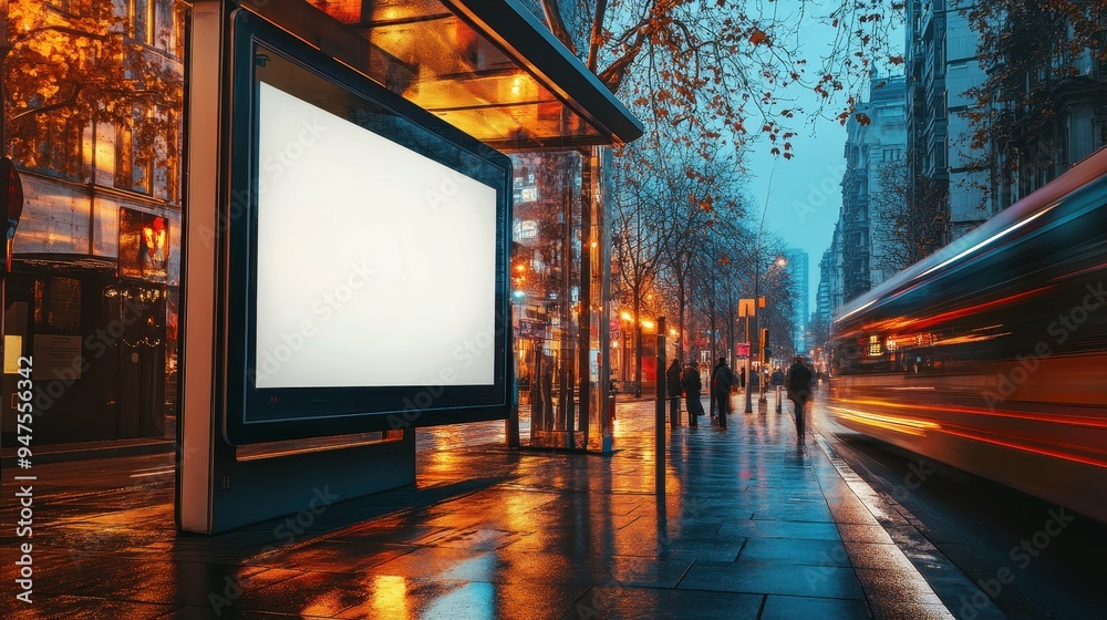 Blank Billboard Mockup at Night in City Street with Blurred Lights and Bus. Blank Billboard Mockup at Night in City Street with Blurred Lights and Bus.