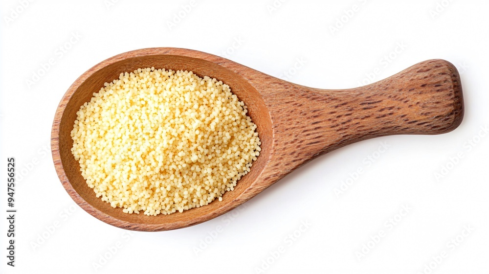 Scoop with Raw Couscous Isolated on White Top View Scoop with Raw Couscous Isolated on White Top View