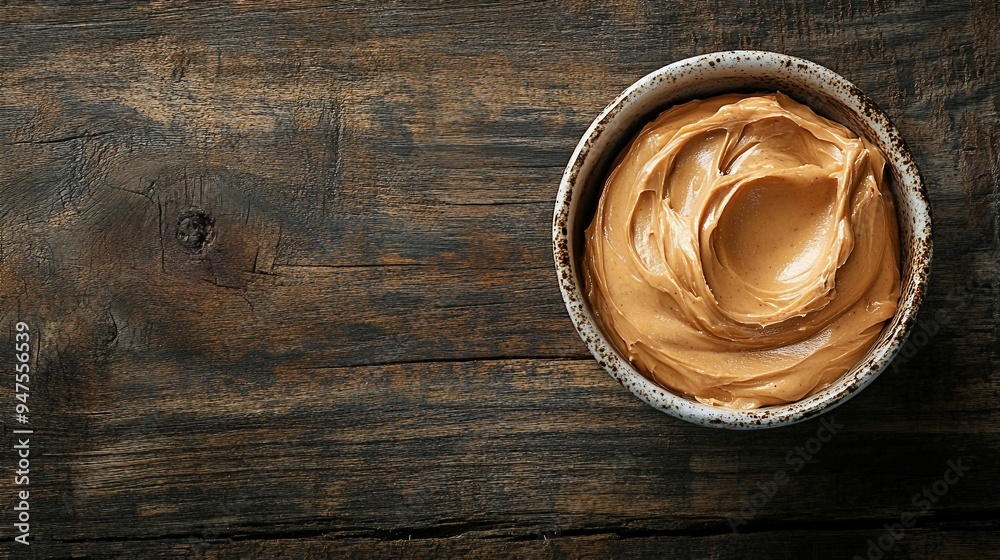 Creamy Peanut Butter Delight in Ceramic Bowl on Rustic Wooden Background, Top View Creamy Peanut Butter Delight in Ceramic Bowl on Rustic Wooden Background, Top View