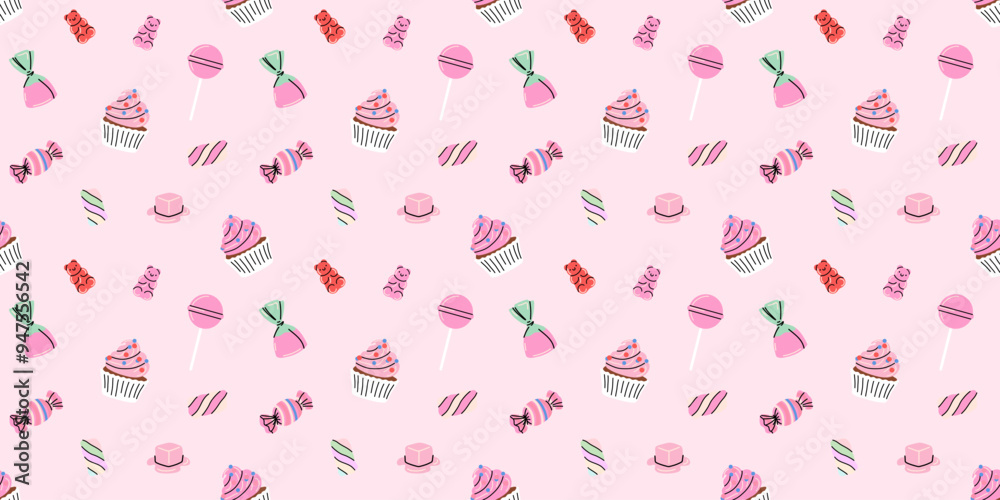 Sweets and candy seamless pattern. Chocolate, different lollipop, marmalade. Confectionery textile, wrapping paper, wallpaper design. Print christmas and birthday kids present cartoon flat background Sweets and candy seamless pattern. Chocolate, different lollipop, marmalade. Confectionery textile, wrapping paper, wallpaper design. Print christmas and birthday kids present cartoon flat background