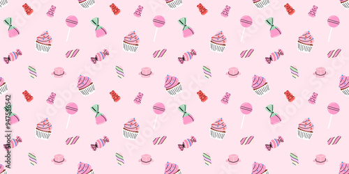 Sweets and candy seamless pattern. Chocolate, different lollipop, marmalade. Confectionery textile, wrapping paper, wallpaper design. Print christmas and birthday kids present cartoon flat background